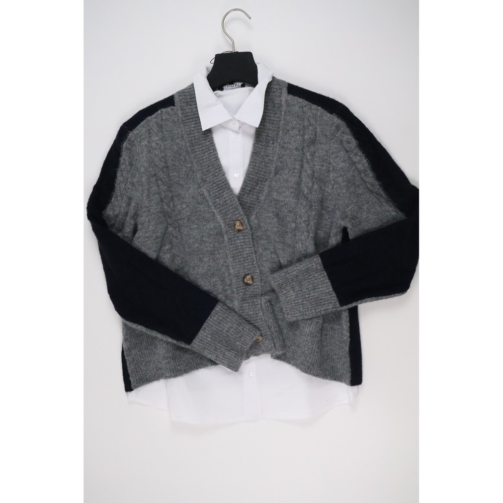 Sunday Layered Cardigan Shirt Set Gray Black White Medium NWT